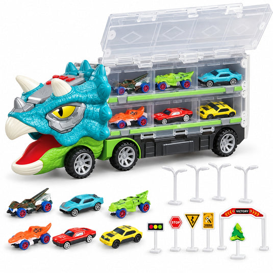Set de Joaca 2in1 Camion Transportator Dinozaur Triceratops Indiggo®, Pista Auto Extensibila 155 cm, 6 Masinute, Lumini si Muzica, Semne Rutiere si Accesorii, Spatiu de Depozitare, Joc de Rol, 3 Ani+, Turcoaz-Verde