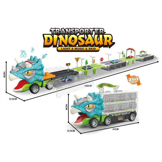 Set de Joaca 2in1 Camion Transportator Dinozaur Triceratops Indiggo®, Pista Auto Extensibila 155 cm, 6 Masinute, Lumini si Muzica, Semne Rutiere si Accesorii, Spatiu de Depozitare, Joc de Rol, 3 Ani+, Turcoaz-Verde
