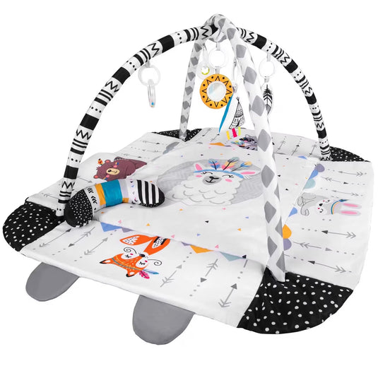 Saltea de Activitati si Spatiu de Joaca 5in1, BabyKING KinderVibe™, cu Perna, 7 Jucarii Senzoriale Detasabile, Doua Arcade, Oglinda, Material Moale cu Protectie Termica, Usor de Curatat, Antiderapant, Multifunctional, Alb/Negru