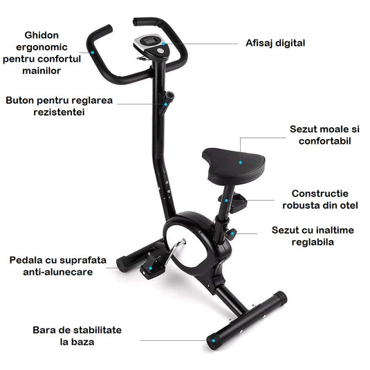 Bicicleta Fitness HomeGym X3Ride™ SilentRun, Ecran LED CardioTrack, Rezistenta Ajustabila SmartSpin, Sa ErgoComfort, Cadru Metalic StabiliMax, Pedale SafeStep, Ghidon 360°, Inaltime Reglabila, Antiderapant, Black
