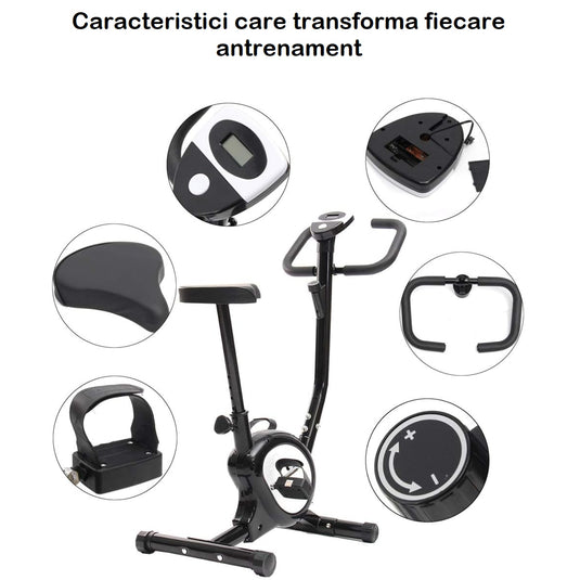 Bicicleta Fitness HomeGym X3Ride™ SilentRun, Ecran LED CardioTrack, Rezistenta Ajustabila SmartSpin, Sa ErgoComfort, Cadru Metalic StabiliMax, Pedale SafeStep, Ghidon 360°, Inaltime Reglabila, Antiderapant, Black