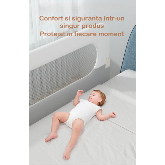 Bariera Protectie Pat 160 Cm SafeSleep™ Pliabila 180° EasyFlip, Bara Suplimentara FlexiMax NO Gap Design, Plasa Oxford Soft-Touch Ventilatie 360°, Instalare Fara Gauri, Potrivire Universala, Structura Ranforsata si Baza Anti-Rasturnare, Soft