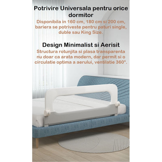 Bariera Protectie Pat 160 Cm SafeSleep™ Pliabila 180° EasyFlip, Bara Suplimentara FlexiMax NO Gap Design, Plasa Oxford Soft-Touch Ventilatie 360°, Instalare Fara Gauri, Potrivire Universala, Structura Ranforsata si Baza Anti-Rasturnare, Soft