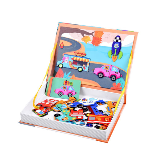 Joc Educativ, Magnetic Book, Model Vehicule, Include 66 de Piese de Puzzle, 6 Cartonase Duble cu Imagini, Cutie Pentru Depozitare, Indiggo, 3ani, Multicolor