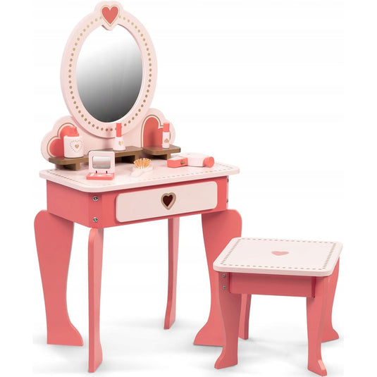 Masuta de Make-Up din lemn "LikeSmart Pink Princess" cu Oglinda, Include Scaunel, si accesorii, 48 x 31 x 93 cm