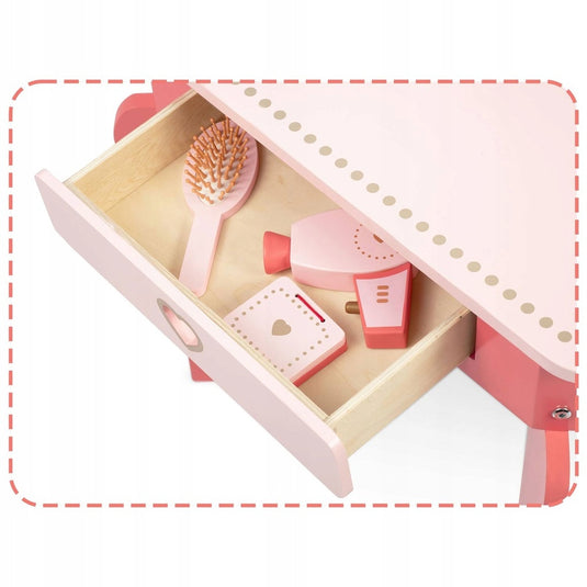 Masuta de Make-Up din lemn "LikeSmart Pink Princess" cu Oglinda, Include Scaunel, si accesorii, 48 x 31 x 93 cm