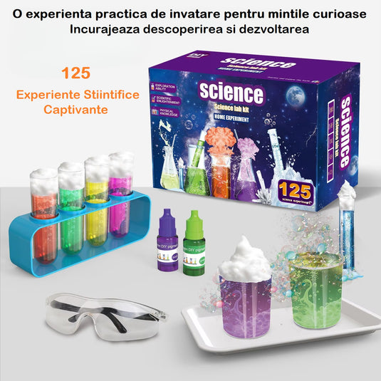 Set Masuta Laborator Stiintific pentru Copii DiscoveryKit™ 125+ Experimente STEM, Ochelari de Protectie, Eprubete, Pipete, Tavita si Accesorii, Chimie si Fizica, Kit Educativ Interactiv pentru Acasa, Multicolor