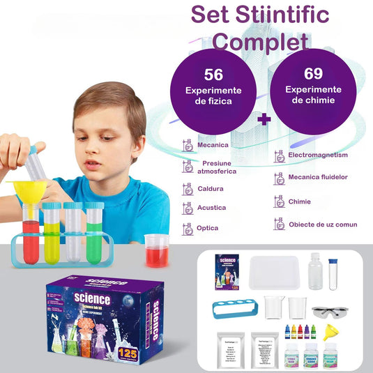 Set Masuta Laborator Stiintific pentru Copii DiscoveryKit™ 125+ Experimente STEM, Ochelari de Protectie, Eprubete, Pipete, Tavita si Accesorii, Chimie si Fizica, Kit Educativ Interactiv pentru Acasa, Multicolor