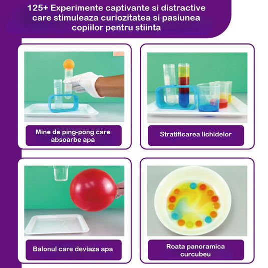 Set Masuta Laborator Stiintific pentru Copii DiscoveryKit™ 125+ Experimente STEM, Ochelari de Protectie, Eprubete, Pipete, Tavita si Accesorii, Chimie si Fizica, Kit Educativ Interactiv pentru Acasa, Multicolor