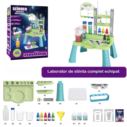 Set Masuta Laborator Stiintific pentru Copii DiscoveryKit™ 125+ Experimente STEM, Ochelari de Protectie, Eprubete, Pipete, Tavita si Accesorii, Chimie si Fizica, Kit Educativ Interactiv pentru Acasa, Multicolor
