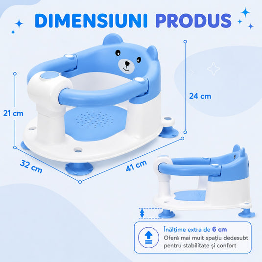 Scaun de Baie pentru Bebelusi TubbyCub™ Hug 360°, Brate Rabatabile cu Sistem de Blocare, 4 Ventuze Antiderapante, Sezut Ventilat cu Drenaj, Spatar Confortabil, Margini Rotunjite, Stabilitate Sporita, Baby Bear Blue