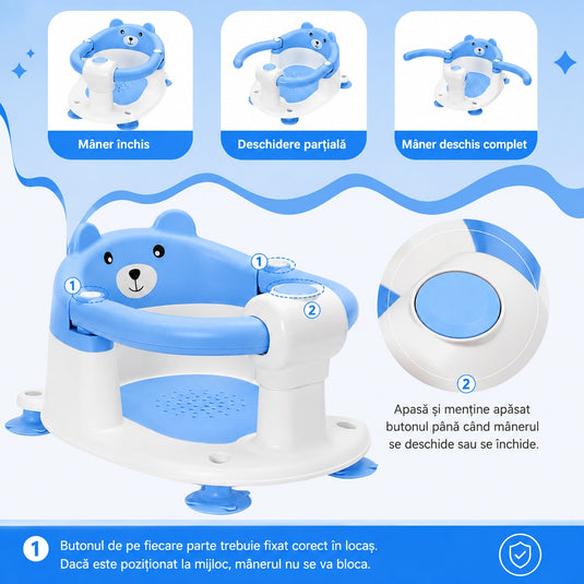 Scaun de Baie pentru Bebelusi TubbyCub™ Hug 360°, Brate Rabatabile cu Sistem de Blocare, 4 Ventuze Antiderapante, Sezut Ventilat cu Drenaj, Spatar Confortabil, Margini Rotunjite, Stabilitate Sporita, Baby Bear Blue