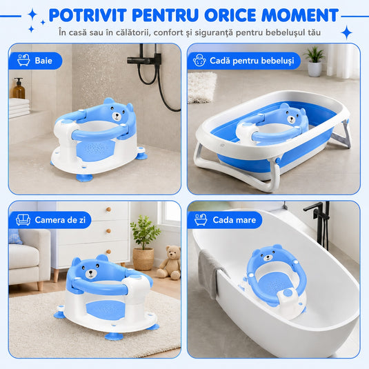 Scaun de Baie pentru Bebelusi TubbyCub™ Hug 360°, Brate Rabatabile cu Sistem de Blocare, 4 Ventuze Antiderapante, Sezut Ventilat cu Drenaj, Spatar Confortabil, Margini Rotunjite, Stabilitate Sporita, Baby Bear Blue