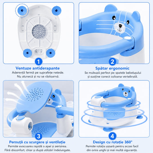 Scaun de Baie pentru Bebelusi TubbyCub™ Hug 360°, Brate Rabatabile cu Sistem de Blocare, 4 Ventuze Antiderapante, Sezut Ventilat cu Drenaj, Spatar Confortabil, Margini Rotunjite, Stabilitate Sporita, Baby Bear Blue