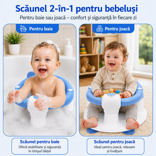 Scaun de Baie pentru Bebelusi TubbyCub™ Hug 360°, Brate Rabatabile cu Sistem de Blocare, 4 Ventuze Antiderapante, Sezut Ventilat cu Drenaj, Spatar Confortabil, Margini Rotunjite, Stabilitate Sporita, Baby Bear Blue