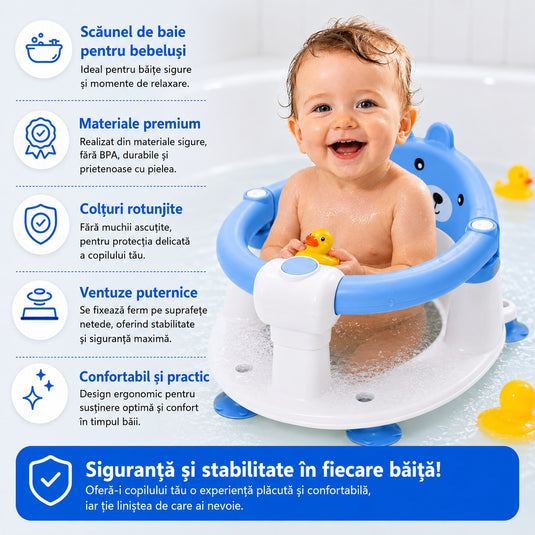 Scaun de Baie pentru Bebelusi TubbyCub™ Hug 360°, Brate Rabatabile cu Sistem de Blocare, 4 Ventuze Antiderapante, Sezut Ventilat cu Drenaj, Spatar Confortabil, Margini Rotunjite, Stabilitate Sporita, Baby Bear Blue