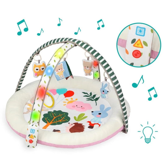 Covoras de Joaca 3in1 BabySavanna™ Salteluta Muzicala si Centru de Activitati cu Lumini, 5 Jucarii Senzoriale Detasabile, Melodii, Control Volum, Oglinda Auto-Descoperire, Plus Moale Izolare Termica, Arcada Reglabila, Multifunctional, Pink