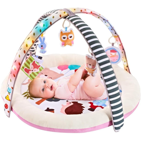 Covoras de Joaca 3in1 BabySavanna™ Salteluta Muzicala si Centru de Activitati cu Lumini, 5 Jucarii Senzoriale Detasabile, Melodii, Control Volum, Oglinda Auto-Descoperire, Plus Moale Izolare Termica, Arcada Reglabila, Multifunctional, Pink