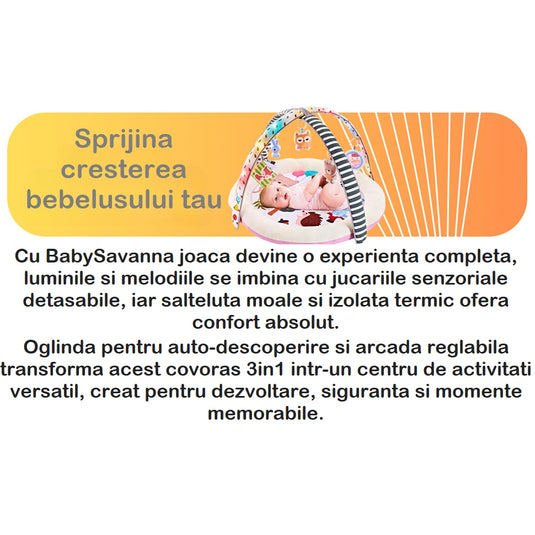 Covoras de Joaca 3in1 BabySavanna™ Salteluta Muzicala si Centru de Activitati cu Lumini, 5 Jucarii Senzoriale Detasabile, Melodii, Control Volum, Oglinda Auto-Descoperire, Plus Moale Izolare Termica, Arcada Reglabila, Multifunctional, Pink