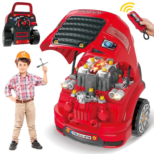 Set de Joaca 2in1 MiniMechanix™ Motor Interactiv Tip Service, Volan Functional, Lumini si Sunete Realiste, Atelier Auto cu Elemente Detasabile, Kit de Reparatii, Butoane Comenzi, Roti Deplasare, 59 Piese, Sistem Educativ STEM si Inginerie Auto, 3Ani+, Red