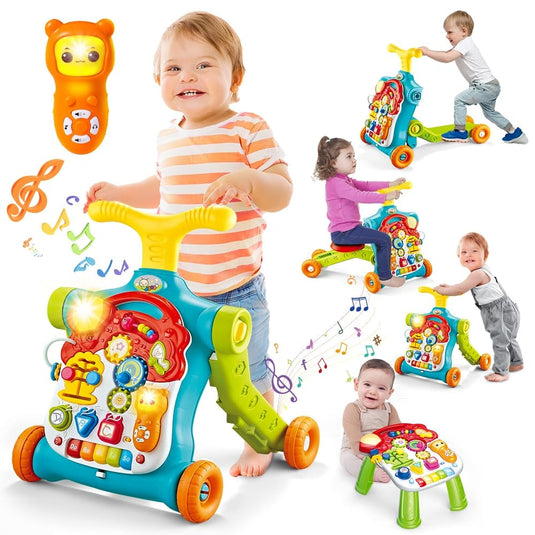 Antemergator Multifunctional 5 in 1 Trotineta, Scuter, Centru de Activitati si Panou Detasabil, GoGoLittleBaby, cu Melodii, Pian, Telefon, Forme si Culori, Inaltime Reglabila, Control Volum, Structura Stabila, Antiderapant, Turcoaz