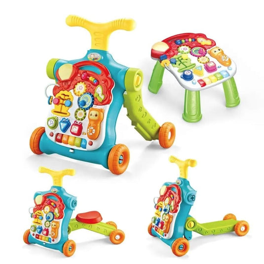 Antemergator Multifunctional 5 in 1 Trotineta, Scuter, Centru de Activitati si Panou Detasabil, GoGoLittleBaby, cu Melodii, Pian, Telefon, Forme si Culori, Inaltime Reglabila, Control Volum, Structura Stabila, Antiderapant, Turcoaz