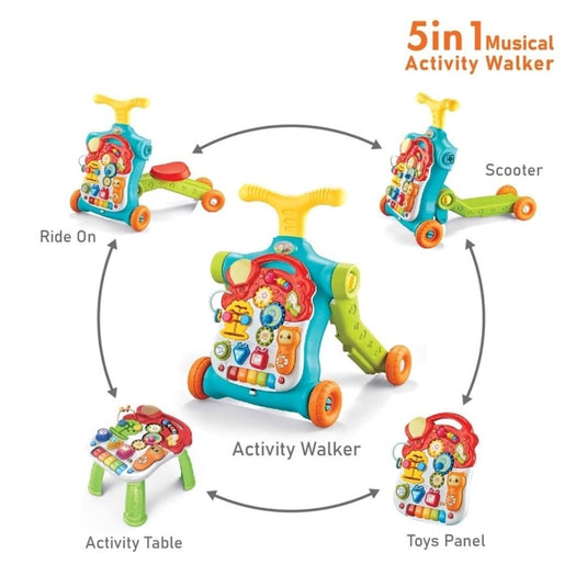 Antemergator Multifunctional 5 in 1 Trotineta, Scuter, Centru de Activitati si Panou Detasabil, GoGoLittleBaby, cu Melodii, Pian, Telefon, Forme si Culori, Inaltime Reglabila, Control Volum, Structura Stabila, Antiderapant, Turcoaz