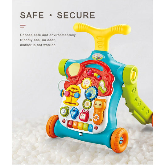 Antemergator Multifunctional 5 in 1 Trotineta, Scuter, Centru de Activitati si Panou Detasabil, GoGoLittleBaby, cu Melodii, Pian, Telefon, Forme si Culori, Inaltime Reglabila, Control Volum, Structura Stabila, Antiderapant, Turcoaz