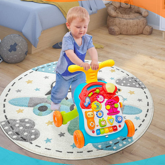 Antemergator Multifunctional 5 in 1 Trotineta, Scuter, Centru de Activitati si Panou Detasabil, GoGoLittleBaby, cu Melodii, Pian, Telefon, Forme si Culori, Inaltime Reglabila, Control Volum, Structura Stabila, Antiderapant, Turcoaz