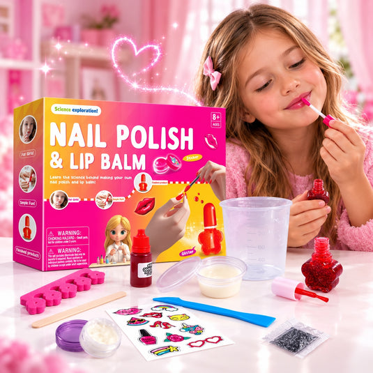 Kit Creativ STEM pentru Experimente Beauty GlamGirl Studio™ Lac de Unghii si Balsam de Buze, cu Baza pentru Balsam, Colorant, Aroma, Sclipici, Recipient de Masurare, Sticluta cu Pensula, Palnie, Separator Degete, Spatula, Stickere Decorative, 8+ Ani