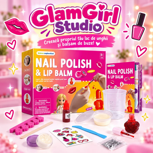 Kit Creativ STEM pentru Experimente Beauty GlamGirl Studio™ Lac de Unghii si Balsam de Buze, cu Baza pentru Balsam, Colorant, Aroma, Sclipici, Recipient de Masurare, Sticluta cu Pensula, Palnie, Separator Degete, Spatula, Stickere Decorative, 8+ Ani