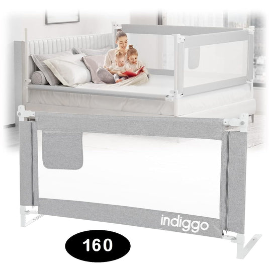 Bariera de Protectie pentru Pat KiddoLock™ 160 cm, Model Interconectabil, Culisanta, Inaltime Ajustabila 68-96 cm, Multi Compatibil, Plasa Respirabila, Margini Captusite, Mecanism Blocare, Husa Detasabila cu Fermoar, Buzunar Depozitare, Gri