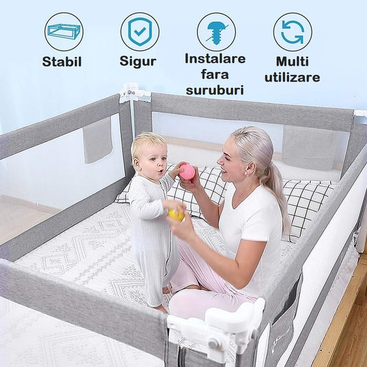 Bariera de Protectie pentru Pat KiddoLock™ 160 cm, Model Interconectabil, Culisanta, Inaltime Ajustabila 68-96 cm, Multi Compatibil, Plasa Respirabila, Margini Captusite, Mecanism Blocare, Husa Detasabila cu Fermoar, Buzunar Depozitare, Gri