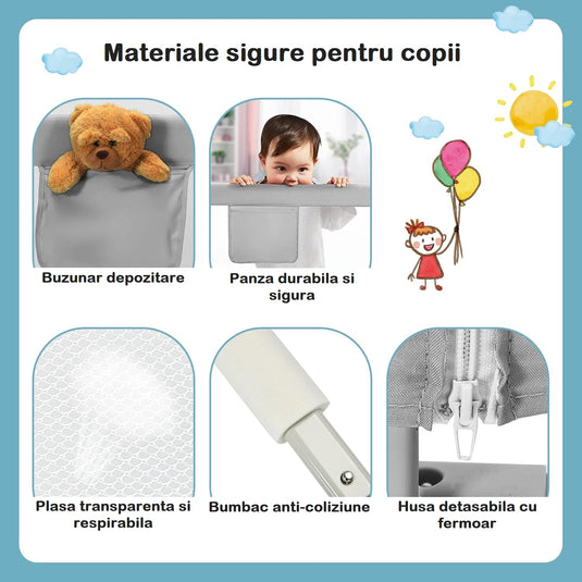 Bariera de Protectie pentru Pat KiddoLock™ 160 cm, Model Interconectabil, Culisanta, Inaltime Ajustabila 68-96 cm, Multi Compatibil, Plasa Respirabila, Margini Captusite, Mecanism Blocare, Husa Detasabila cu Fermoar, Buzunar Depozitare, Gri