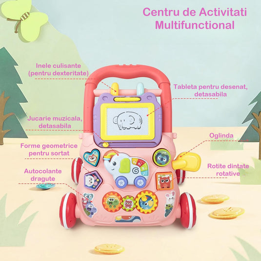Premergător roz cu tablă de desenat LittleSteps 2 în 1, sortator de forme, de la 6 luni
