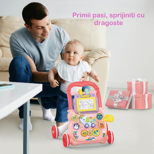 Premergător roz cu tablă de desenat LittleSteps 2 în 1, sortator de forme, de la 6 luni