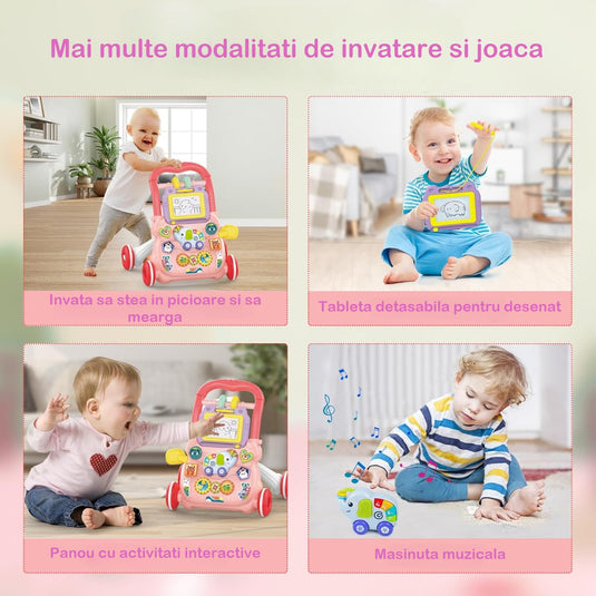 Premergător roz cu tablă de desenat LittleSteps 2 în 1, sortator de forme, de la 6 luni