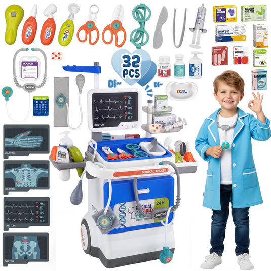 Set Medical de Joaca Carucior Mobil MiniMed Hub™ Max Kit cu Sunete si Lumini, 32 Piese, Termometru cu Infrarosu, Monitor cu Butoane Multifunctionale, Stetoscop, Radiografii, Tensiometru, Ochelari, Sertar Depozitare, Flacoane, Penseta si Accesorii, Blue