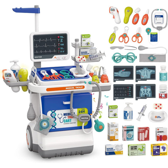 Set Medical de Joaca Carucior Mobil MiniMed Hub™ Max Kit cu Sunete si Lumini, 32 Piese, Termometru cu Infrarosu, Monitor cu Butoane Multifunctionale, Stetoscop, Radiografii, Tensiometru, Ochelari, Sertar Depozitare, Flacoane, Penseta si Accesorii, Blue