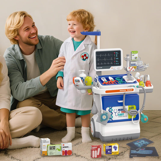 Set Medical de Joaca Carucior Mobil MiniMed Hub™ Max Kit cu Sunete si Lumini, 32 Piese, Termometru cu Infrarosu, Monitor cu Butoane Multifunctionale, Stetoscop, Radiografii, Tensiometru, Ochelari, Sertar Depozitare, Flacoane, Penseta si Accesorii, Blue