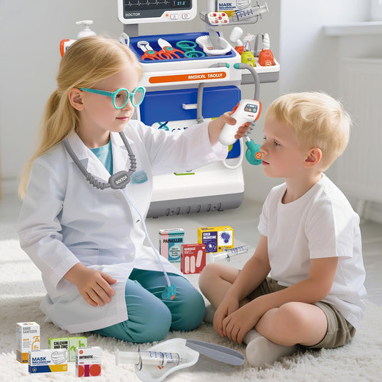 Set Medical de Joaca Carucior Mobil MiniMed Hub™ Max Kit cu Sunete si Lumini, 32 Piese, Termometru cu Infrarosu, Monitor cu Butoane Multifunctionale, Stetoscop, Radiografii, Tensiometru, Ochelari, Sertar Depozitare, Flacoane, Penseta si Accesorii, Blue