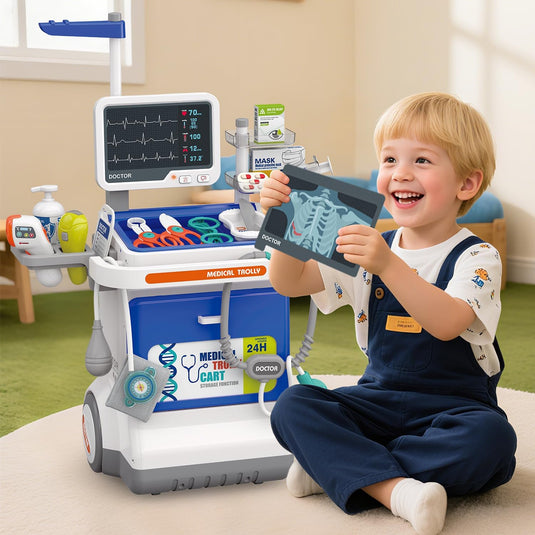 Set Medical de Joaca Carucior Mobil MiniMed Hub™ Max Kit cu Sunete si Lumini, 32 Piese, Termometru cu Infrarosu, Monitor cu Butoane Multifunctionale, Stetoscop, Radiografii, Tensiometru, Ochelari, Sertar Depozitare, Flacoane, Penseta si Accesorii, Blue
