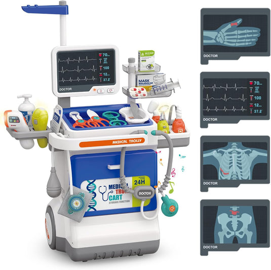 Set Medical de Joaca Carucior Mobil MiniMed Hub™ Max Kit cu Sunete si Lumini, 32 Piese, Termometru cu Infrarosu, Monitor cu Butoane Multifunctionale, Stetoscop, Radiografii, Tensiometru, Ochelari, Sertar Depozitare, Flacoane, Penseta si Accesorii, Blue