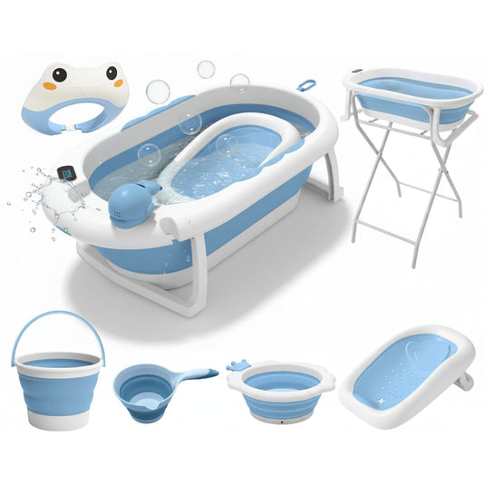 Set Complet de Baie 7in1 SplashUP® Cadita Termica Pliabila pentru Bebelusi cu Suport, Hamac, Termometru Digital Incorporat, Galetusa, Cana, Casca, Suport Cap de Dus, Orificiu Scurgere, Antiderapant, Blue Lagoon