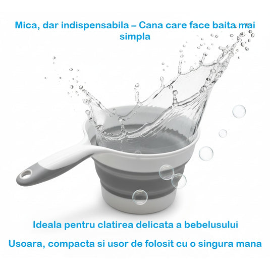 Set Complet de Baie 7in1 SplashUP® Cadita Termica Pliabila pentru Bebelusi cu Suport, Hamac, Termometru Digital Incorporat, Galetusa, Cana, Casca, Suport Cap de Dus, Orificiu Scurgere, Antiderapant, Blue Lagoon