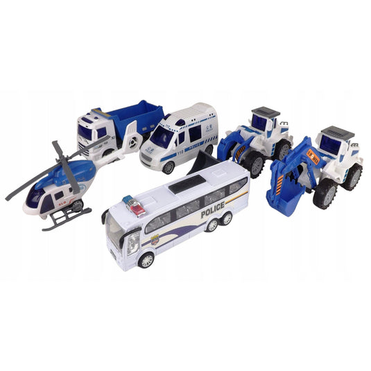Set 6 Vehicule de Jucarie, Model Police, Include Elicopter, Ambulanta, Autobuz, Camioane, Ideale Pentru Pasionatii de Vehicule, Dimensiuni Cutie 78x28x11cm, Indiggo®, 3ani+, Alb/Albastru
