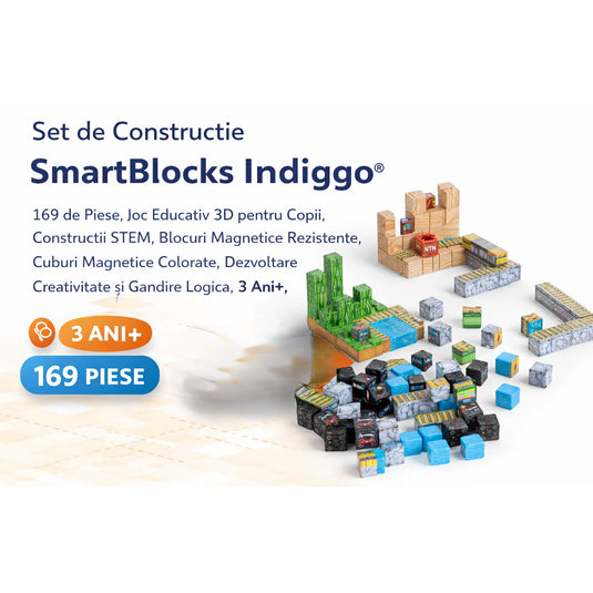 Set de Constructie SmartBlocks Indiggo@, Include 169 de Piese, Joc Educativ 3D pentru Copii, Constructii STEM, Blocuri Magnetice Rezistente, Cuburi Magnetice Colorate, Dezvoltare Creativitate si Gandire Logica, 3 Ani+, Blue Ocean