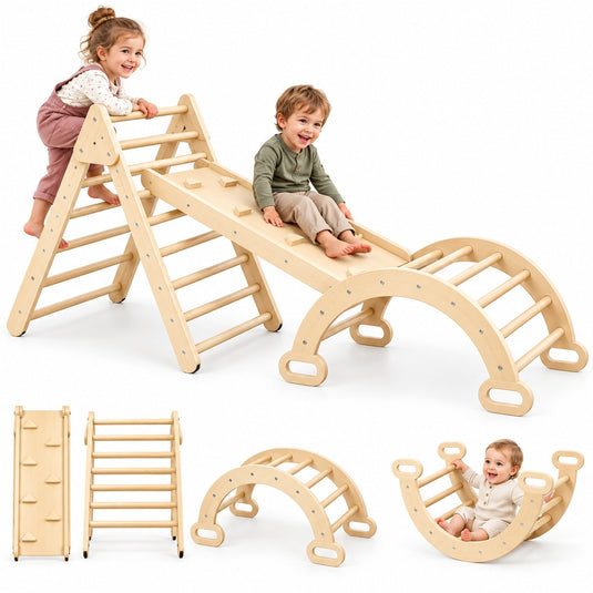 Set de Catarare si Joaca 3in1 din Lemn Climby™ Montessori, Sistem Modular, Triunghi Pikler, Arc-Balansoar, Placa Reversibila cu Tobogan, Multiple Configuratii, pentru Interior, Joaca Activa si Dezvoltare Motrica, 2 – 5 Ani