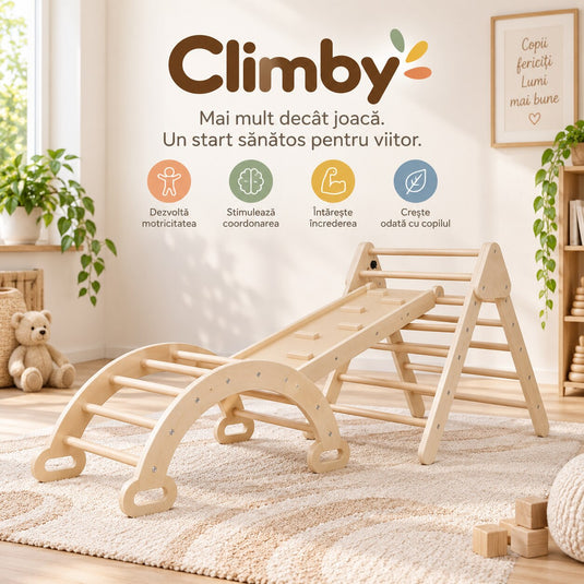 Set de Catarare si Joaca 3in1 din Lemn Climby™ Montessori, Sistem Modular, Triunghi Pikler, Arc-Balansoar, Placa Reversibila cu Tobogan, Multiple Configuratii, pentru Interior, Joaca Activa si Dezvoltare Motrica, 2 – 5 Ani