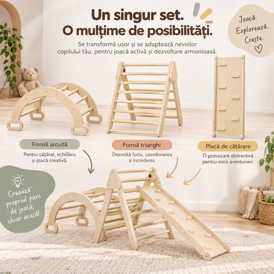 Set de Catarare si Joaca 3in1 din Lemn Climby™ Montessori, Sistem Modular, Triunghi Pikler, Arc-Balansoar, Placa Reversibila cu Tobogan, Multiple Configuratii, pentru Interior, Joaca Activa si Dezvoltare Motrica, 2 – 5 Ani